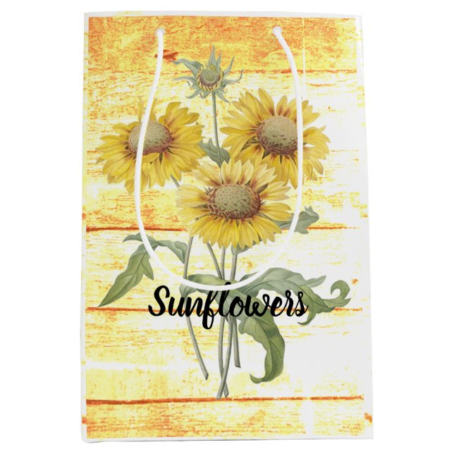 Sac Cadeau Moyen Fleurs de soleil sur bois (Devant)