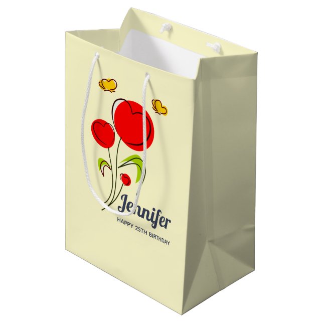 Sac Cadeau Moyen Fleurs du Coeur Rouge mignonnes et papillons jaune (Devant Angle)