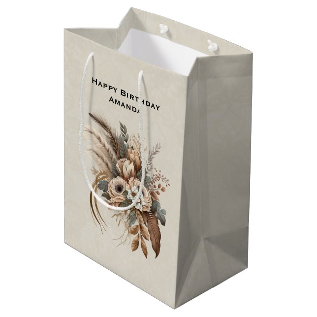 Sac Cadeau Moyen Fleurs Élégantes Feuillage et plumes Anniversaire (Dos Angle)