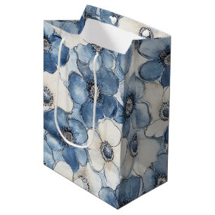 Sac Cadeau Moyen Fleurs en Jean Bleu Blanc Anniversaire