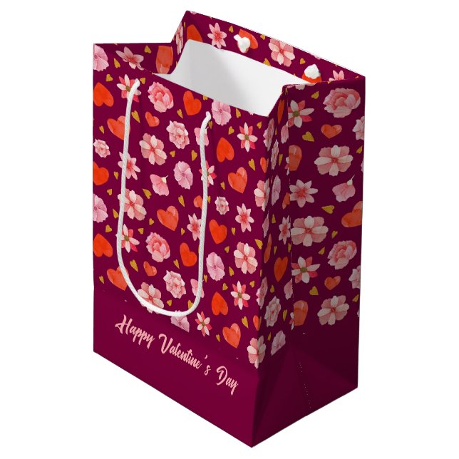 Sac Cadeau Moyen Fleurs et Coeurs roses et rouges (Devant Angle)