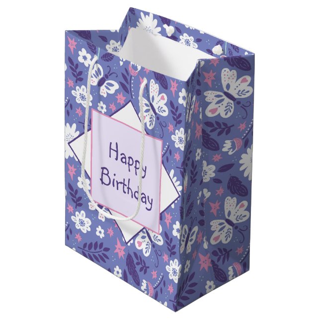 Sac Cadeau Moyen Fleurs et papillons Anniversaire (Devant Angle)