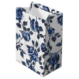 Sac Cadeau Moyen Fleurs Feuilles Florales Bleu Blanc Anniversaire