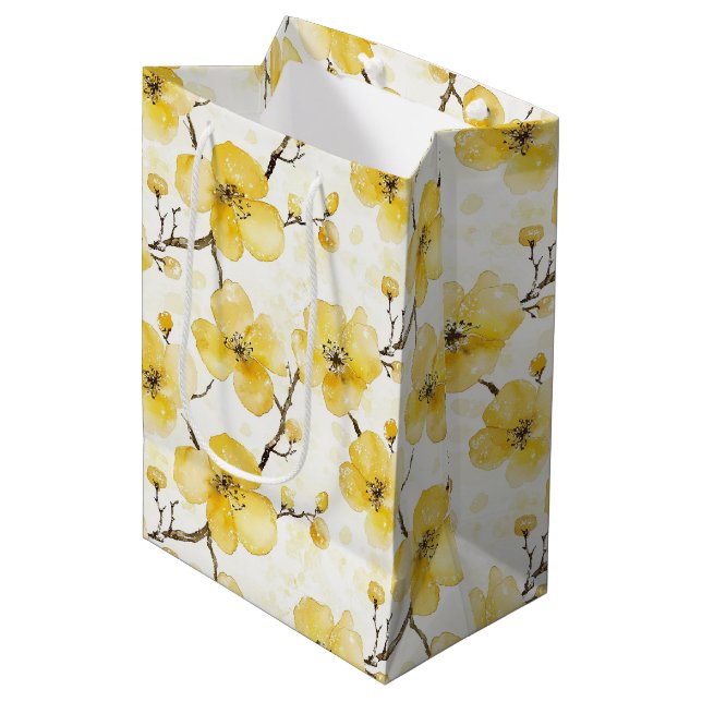 Sac Cadeau Moyen Fleurs Jaunes Dorées pour une Mariée (Devant Angle)