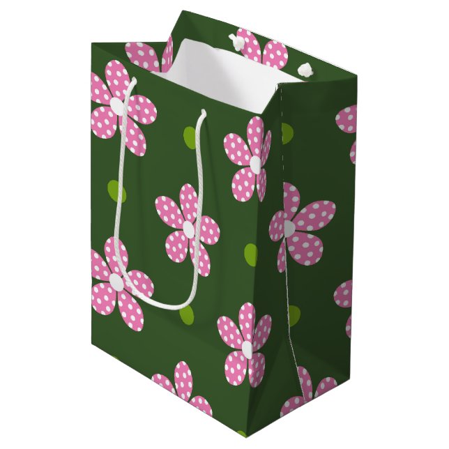 SAC CADEAU MOYEN FLEURS JOURNÉES BLANCHES VERTES ROSES (Devant Angle)