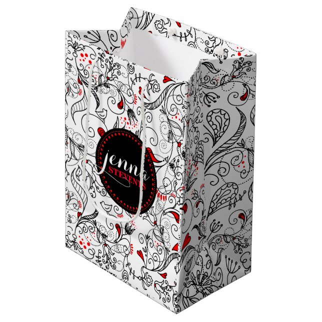 Sac Cadeau Moyen Fleurs Rétro Noir Et Blanc Monographiées (Devant Angle)