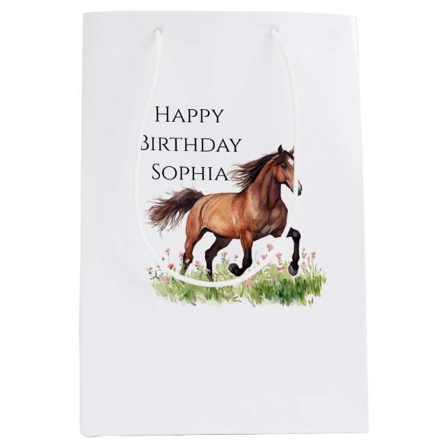 Sac Cadeau Moyen Fleurs roses Cheval Cowgirl Anniversaire (Devant)