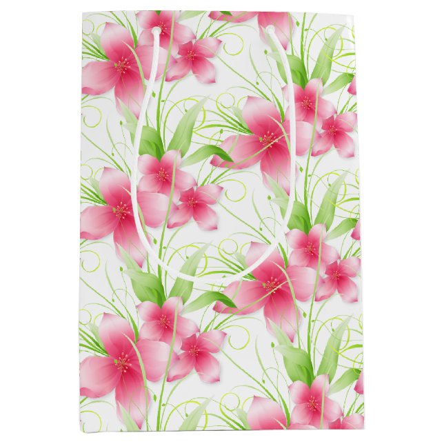 Sac Cadeau Moyen Fleurs roses sur blanc (Devant)