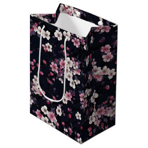Sac Cadeau Moyen Fleurs Sakura Roses Noires, Design Motif,