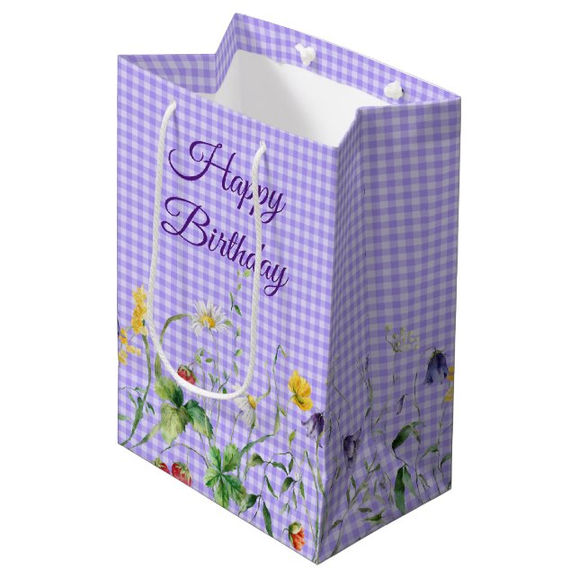 Sac Cadeau Moyen Fleurs sauvages D'Anniversaire Sur En vichy Violet (Devant Angle)