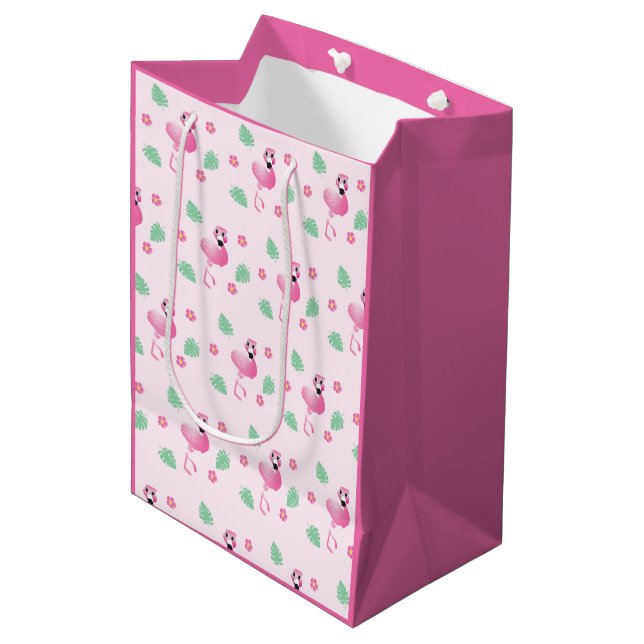 Sac Cadeau Moyen Fleurs tropicales Flamants roses mignonnes Motif r (Devant Angle)