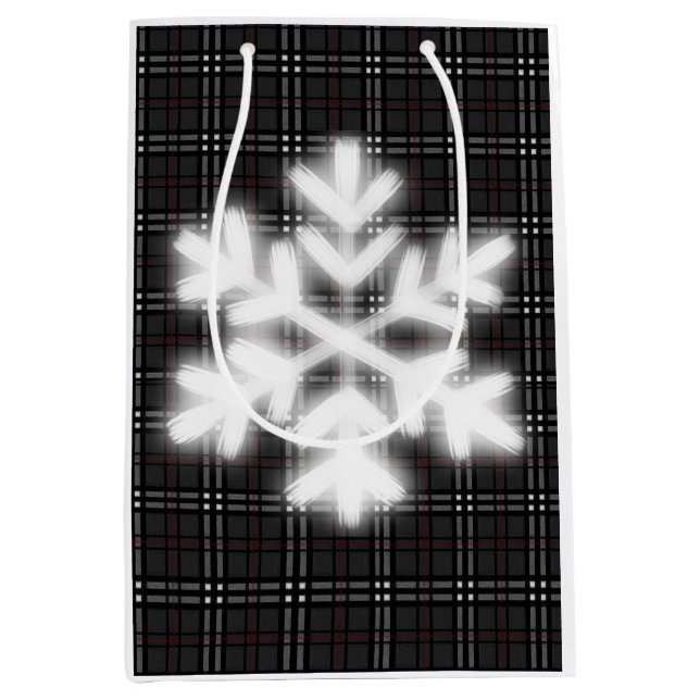 Sac Cadeau Moyen Flocon de neige classique gris et noir en plaid mo (Devant)