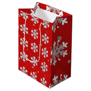 Sac Cadeau Moyen Flocons Blancs Roses Rouges