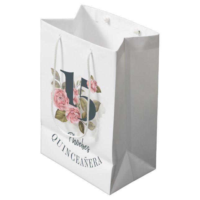 Sac Cadeau Moyen Floral 15e anniversaire Quinceanera Rustique (Devant Angle)