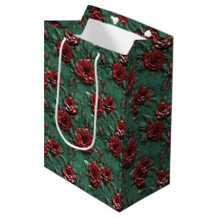 Sac Cadeau Moyen Floral de Roses rouges vertes
