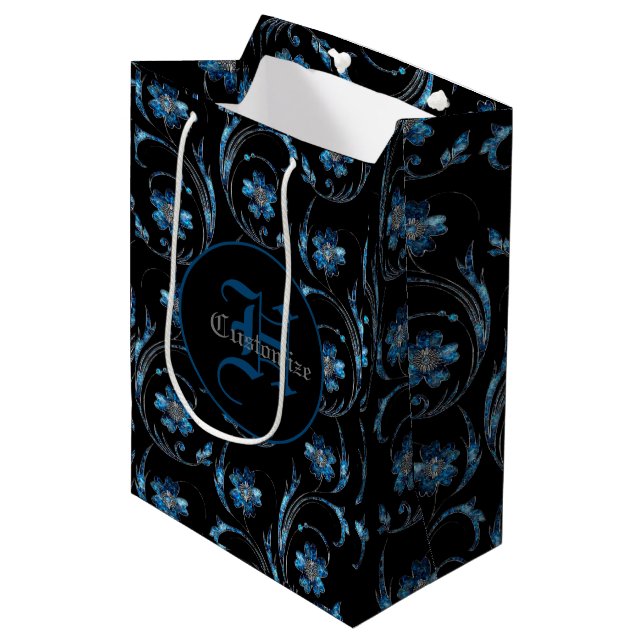 Sac Cadeau Moyen Floral Monogramme Blue Shimmer 2 (Devant Angle)