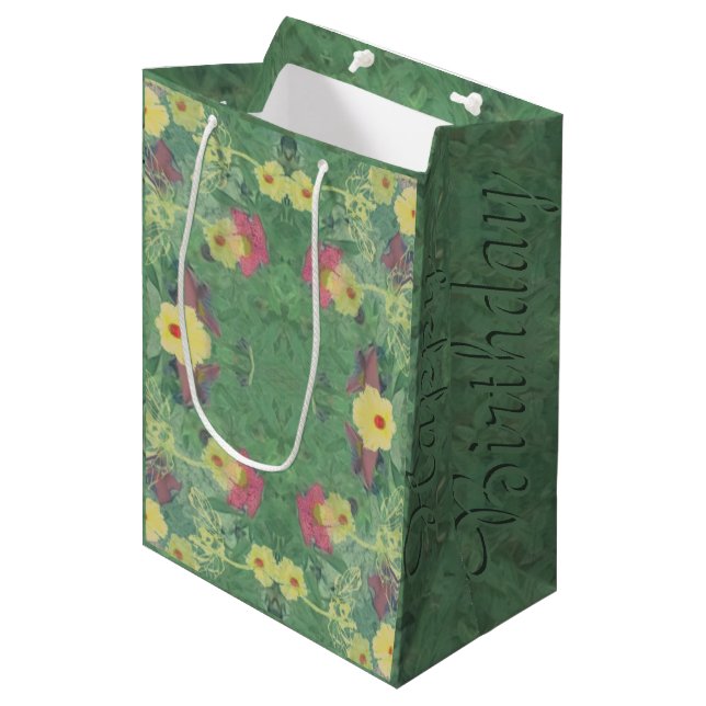Sac Cadeau Moyen Floral romantique "Joyeux anniversaire" (Devant Angle)