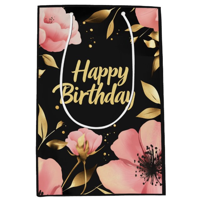 Sac Cadeau Moyen Floral rose or noir Anniversaire (Devant)