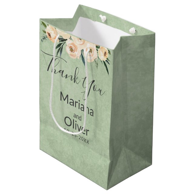 Sac Cadeau Moyen Flore Beige Blush sur Mariage vert (Devant Angle)