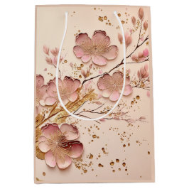 Sac Cadeau Moyen Flore rose et or Élégant minimaliste