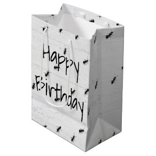 Sac Cadeau Moyen Fourmis noires d'anniversaire sur du bois blanchi