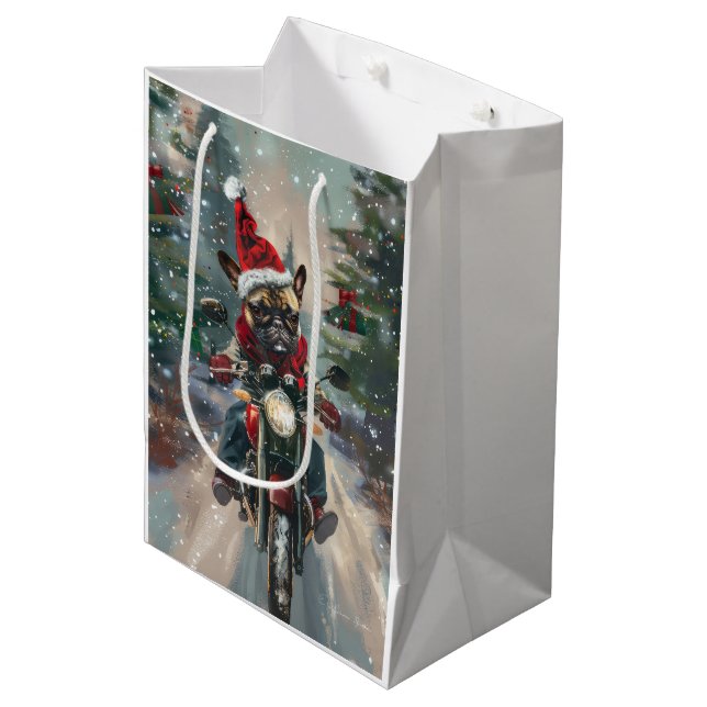 Sac Cadeau Moyen French Bulldog Riding Moto Noël (Devant Angle)