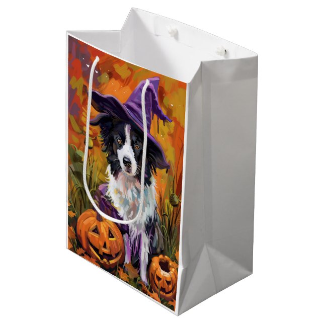 Sac Cadeau Moyen Frontière éffrayante Collie Halloween Sorcière Et  (Devant Angle)