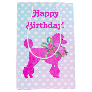 Sac Cadeau Moyen Fun Pink Poodle Bonne fête d'anniversaire