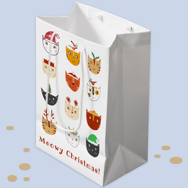 Sac Cadeau Moyen Funny Cat Meowy Noël (Fun Meowy Christmas kitty cat custom text gift bag)