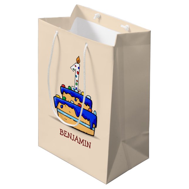 Sac Cadeau Moyen Garçon 1er anniversaire, 1 sur le gâteau bleu doux (Devant Angle)