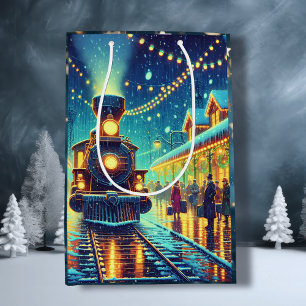 Sac Cadeau Moyen Gare vintage de Noël le soir de neige la nuit
