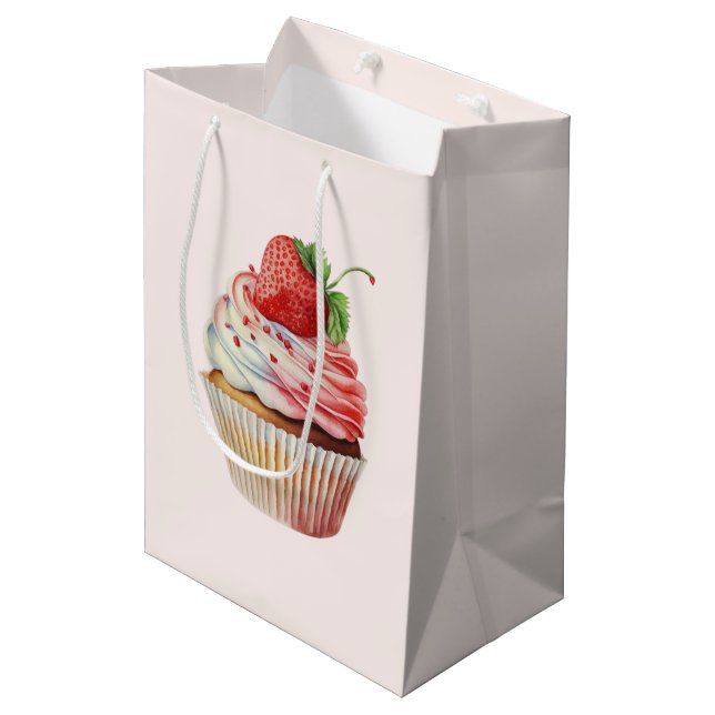 Sac Cadeau Moyen Gâteau Cupcake Sucré aux Fraises (Devant Angle)