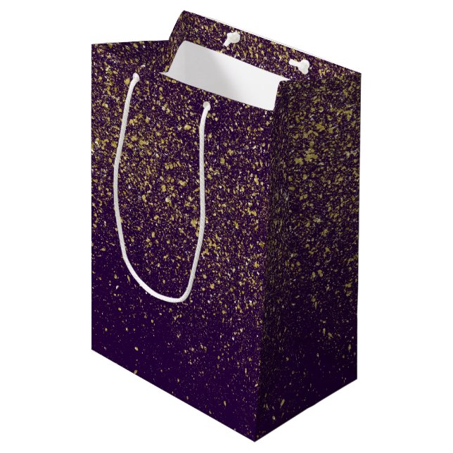 Sac Cadeau Moyen Glittery Gold sur violet (Devant Angle)