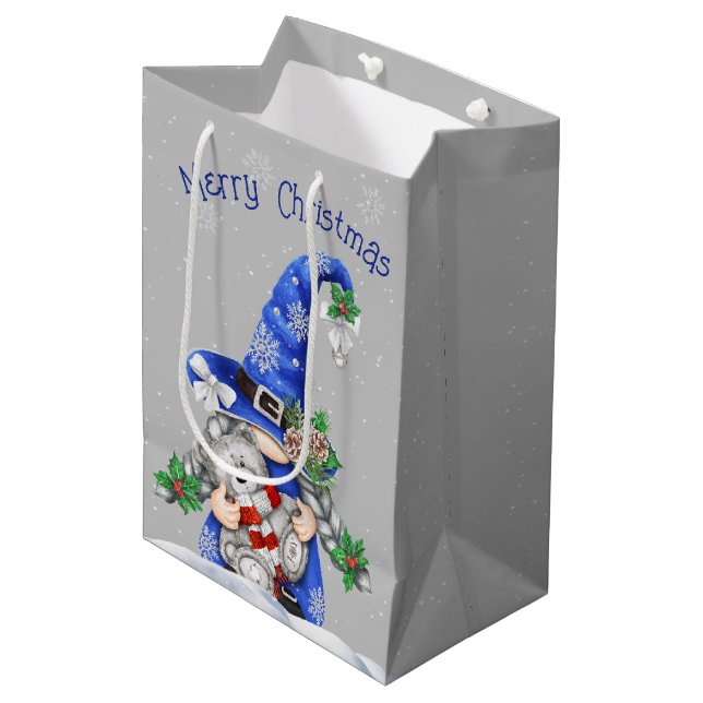 Sac Cadeau Moyen Gnome de Noël avec ours en peluche (Devant Angle)