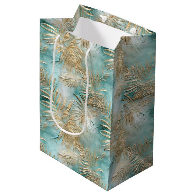 Sac Cadeau Moyen Gold Aqua White Feuilles tropicaux (Devant Angle)