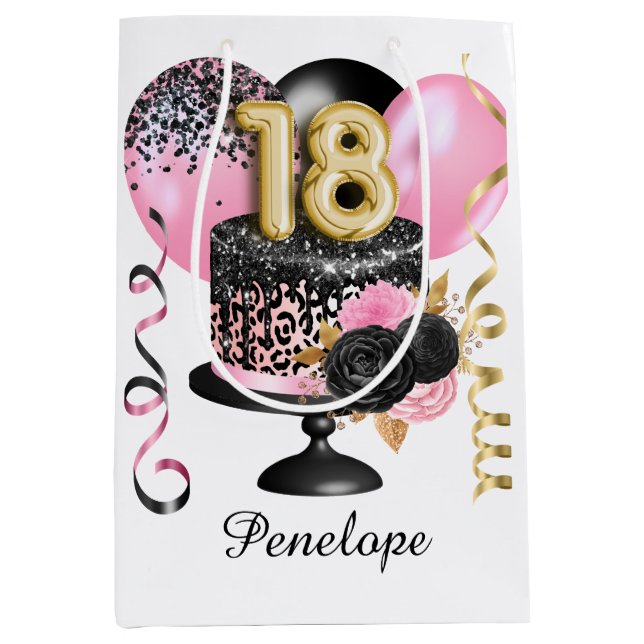 Sac Cadeau Moyen Gold et Black Cake 18e anniversaire Nom (Devant)