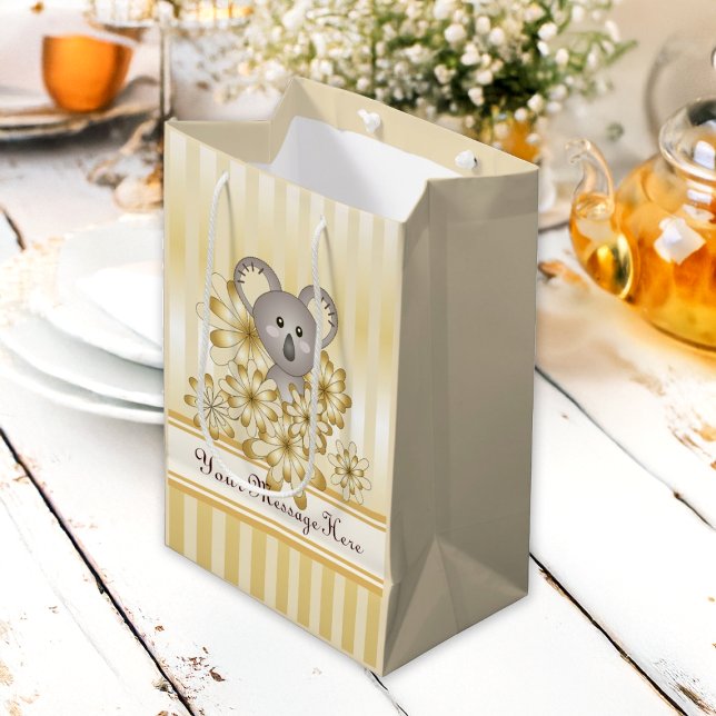Sac Cadeau Moyen Gold Stripe Cute Koala Baby shower / Anniversaire  (Créateur téléchargé)