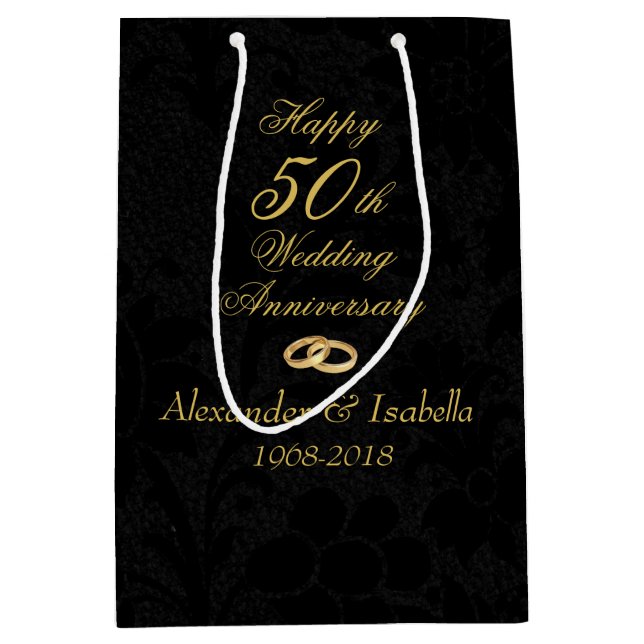 Sac Cadeau Moyen Gold sur le 50e anniversaire du Mariage noir (Devant)