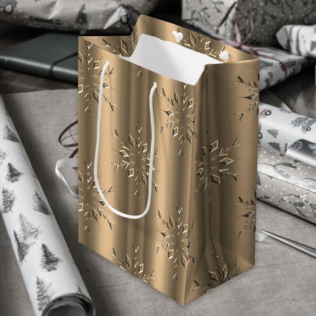 Sac Cadeau Moyen Golden Christmas Elegance Snowflakes (Créateur téléchargé)