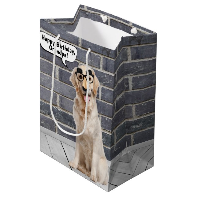 Sac Cadeau Moyen Golden Retriever avec drôle Masque Anniversaire (Devant Angle)