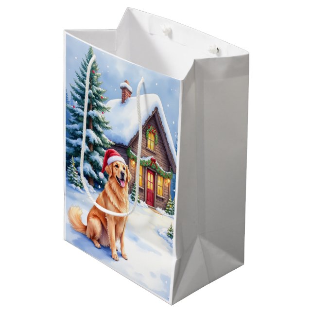 Sac Cadeau Moyen Golden Retriever Rustic Cabin Santa Hat Christmas (Devant Angle)
