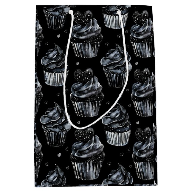 Sac Cadeau Moyen Gothique Cute Haunted Cupcakes avec Coeurs (Devant)
