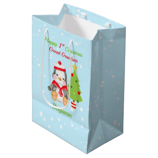 Sac Cadeau Moyen Grand-fils Joyeux 1er Penguin de Noël (Devant Angle)