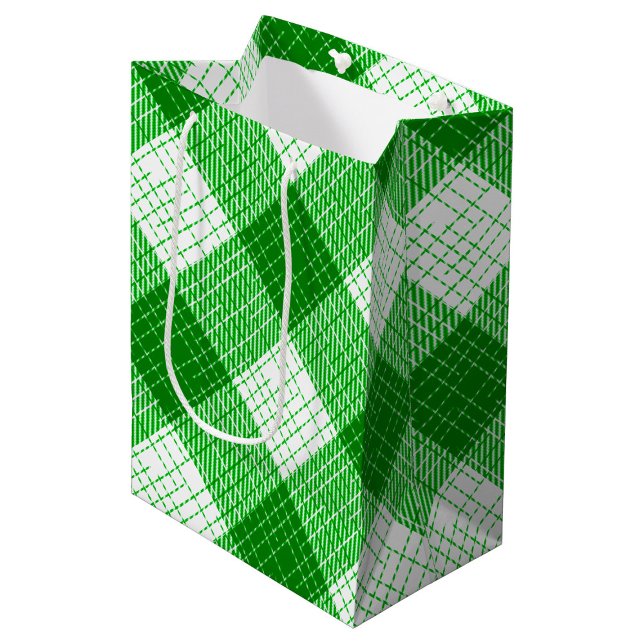 Sac Cadeau Moyen Green and White Bold Checkered Plaid Design  (Créateur téléchargé)