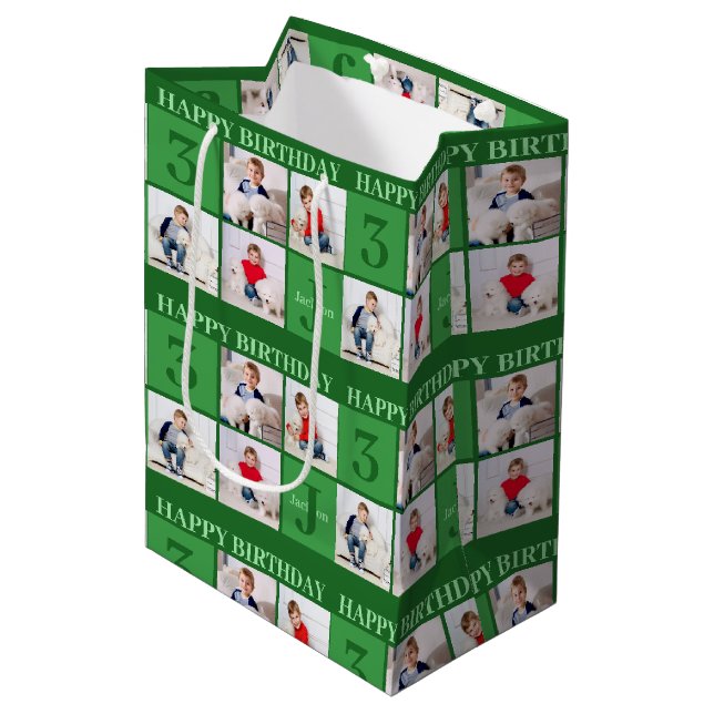 Sac Cadeau Moyen Green Birthday Boy Photo Collage Custom Party (Devant Angle)