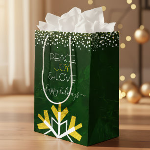 Sac Cadeau Moyen Green Gold Snowflake Paix Joie Amour Typographie