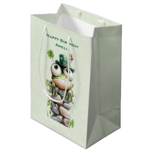 Sac Cadeau Moyen Grenouille avec chapeau vert et trèfle d'anniversa