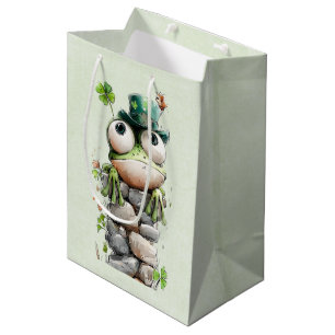 Sac Cadeau Moyen Grenouille avec chapeau vert et trèfle mignonne