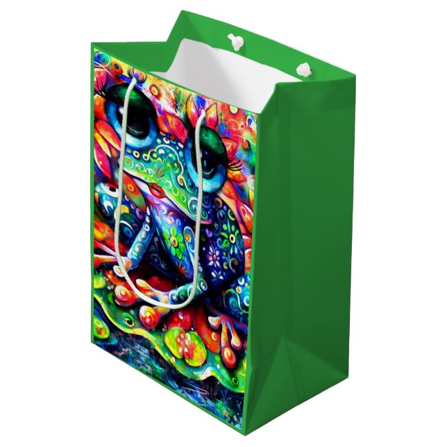 Sac Cadeau Moyen Grenouille florale impressionniste Whimsical bleu  (Devant Angle)