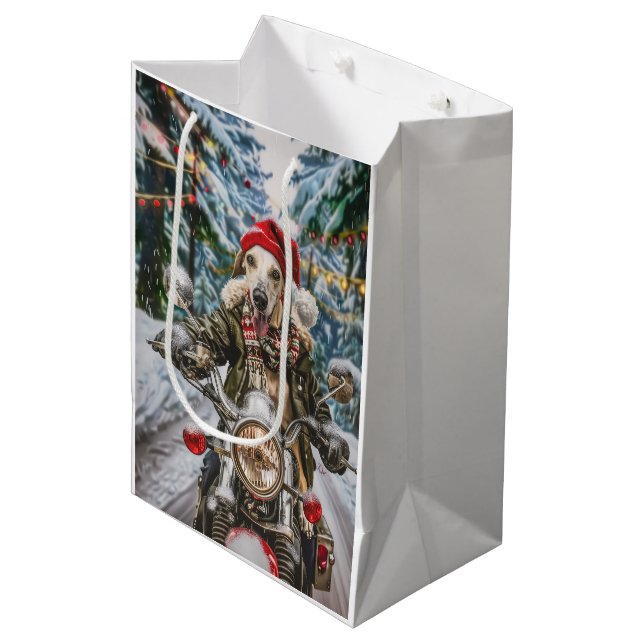 Sac Cadeau Moyen Greyhound Chien équitation Moto Noël (Devant Angle)